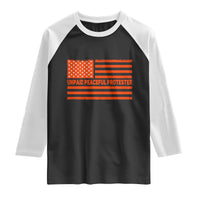 Unpaid Peaceful Protester Orange Distressed American Flag Raglan Shirt Satirical Political Graphic