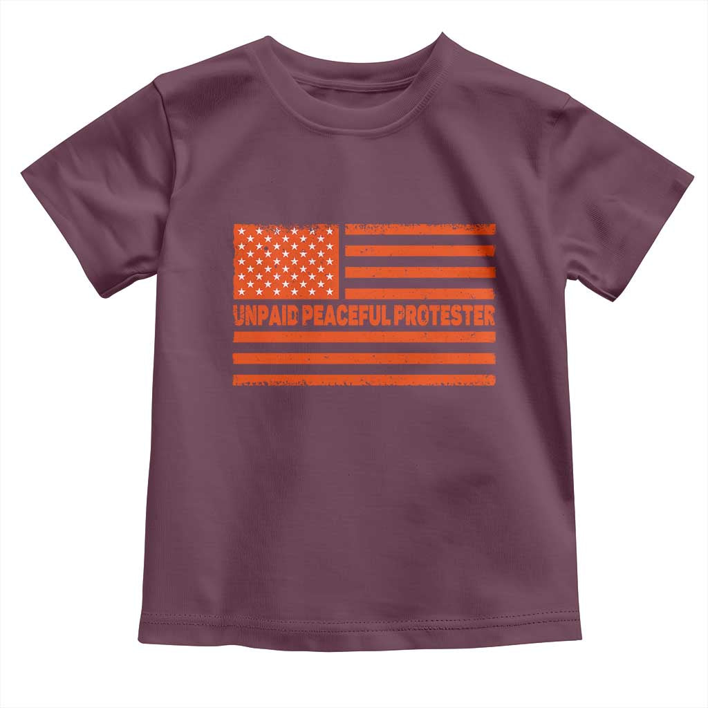Unpaid Peaceful Protester Orange Distressed American Flag Toddler T Shirt Satirical Political Graphic