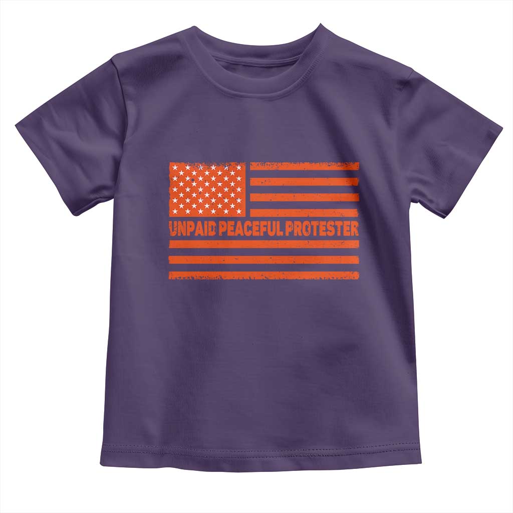 Unpaid Peaceful Protester Orange Distressed American Flag Toddler T Shirt Satirical Political Graphic