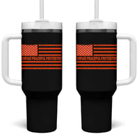 Unpaid Peaceful Protester Orange Distressed American Flag Tumbler With Handle Satirical Political Graphic