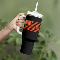 Unpaid Peaceful Protester Orange Distressed American Flag Tumbler With Handle Satirical Political Graphic
