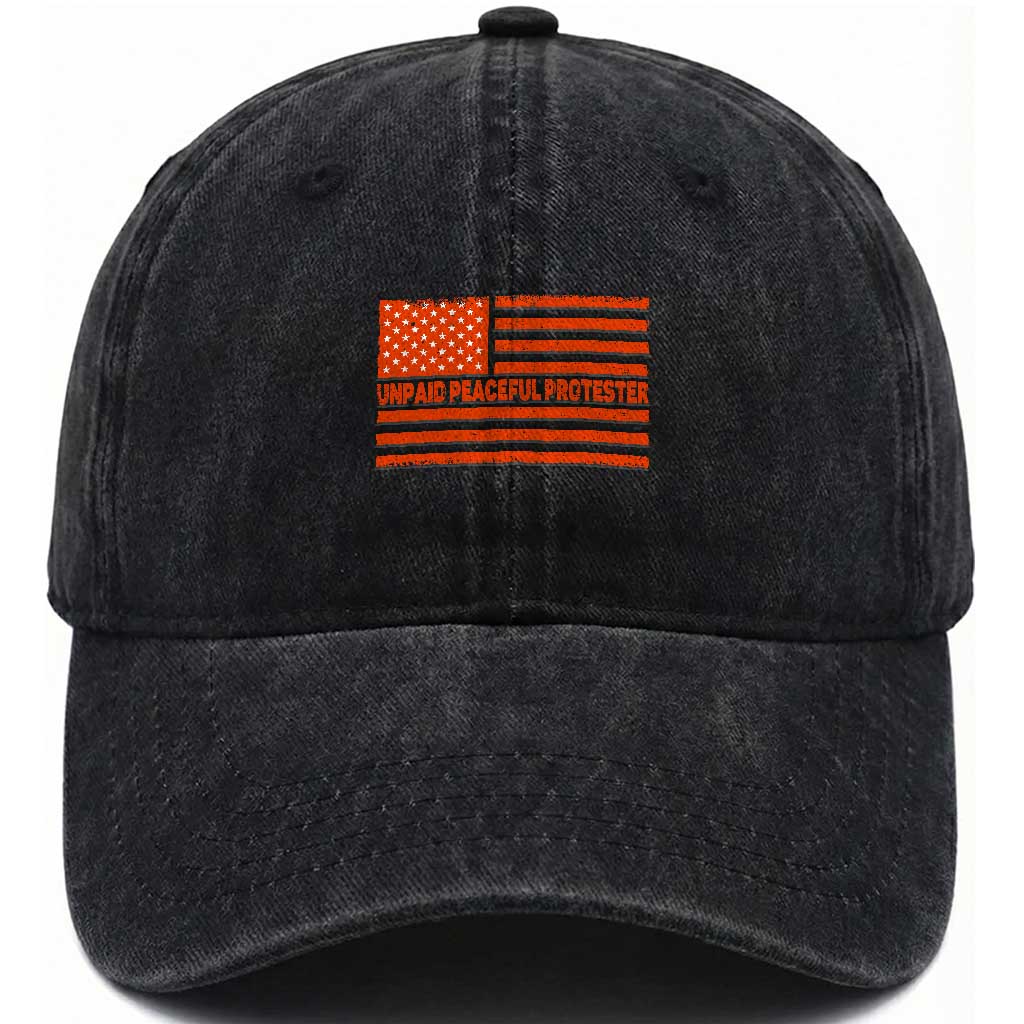 Unpaid Peaceful Protester Orange Distressed American Flag Washed Cotton Baseball Cap Satirical Political Graphic