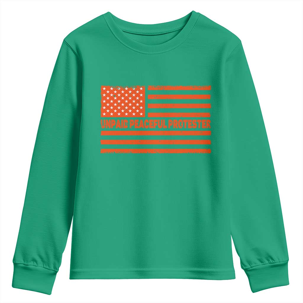 Unpaid Peaceful Protester Orange Distressed American Flag Youth Sweatshirt Satirical Political Graphic