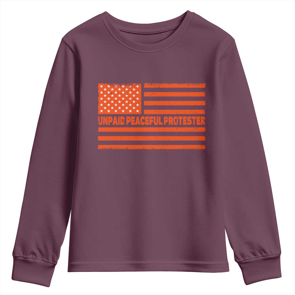 Unpaid Peaceful Protester Orange Distressed American Flag Youth Sweatshirt Satirical Political Graphic