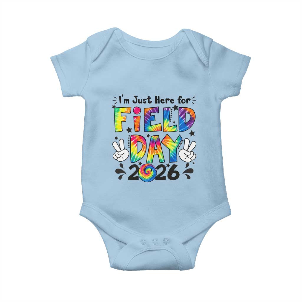 I'm Just Here for Field Day 2026 Baby Onesie Groovy School Retro Tie Dye Effect Printing