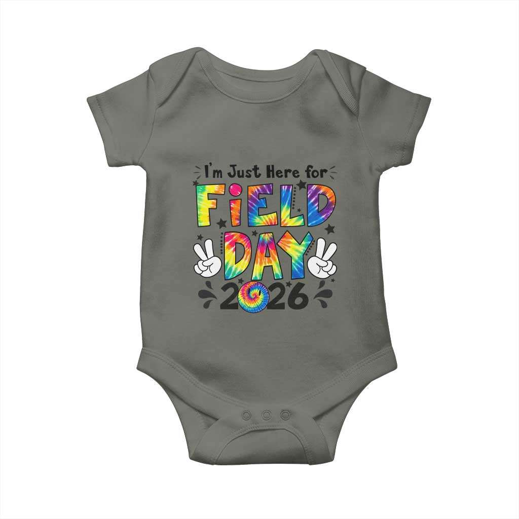 I'm Just Here for Field Day 2026 Baby Onesie Groovy School Retro Tie Dye Effect Printing