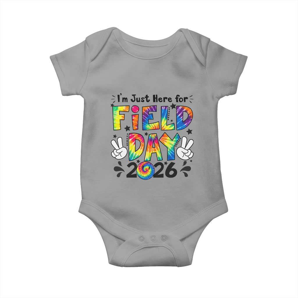 I'm Just Here for Field Day 2026 Baby Onesie Groovy School Retro Tie Dye Effect Printing