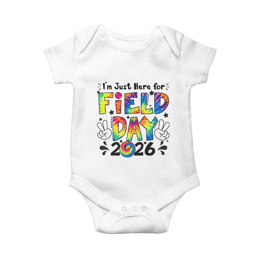 I'm Just Here for Field Day 2026 Baby Onesie Groovy School Retro Tie Dye Effect Printing