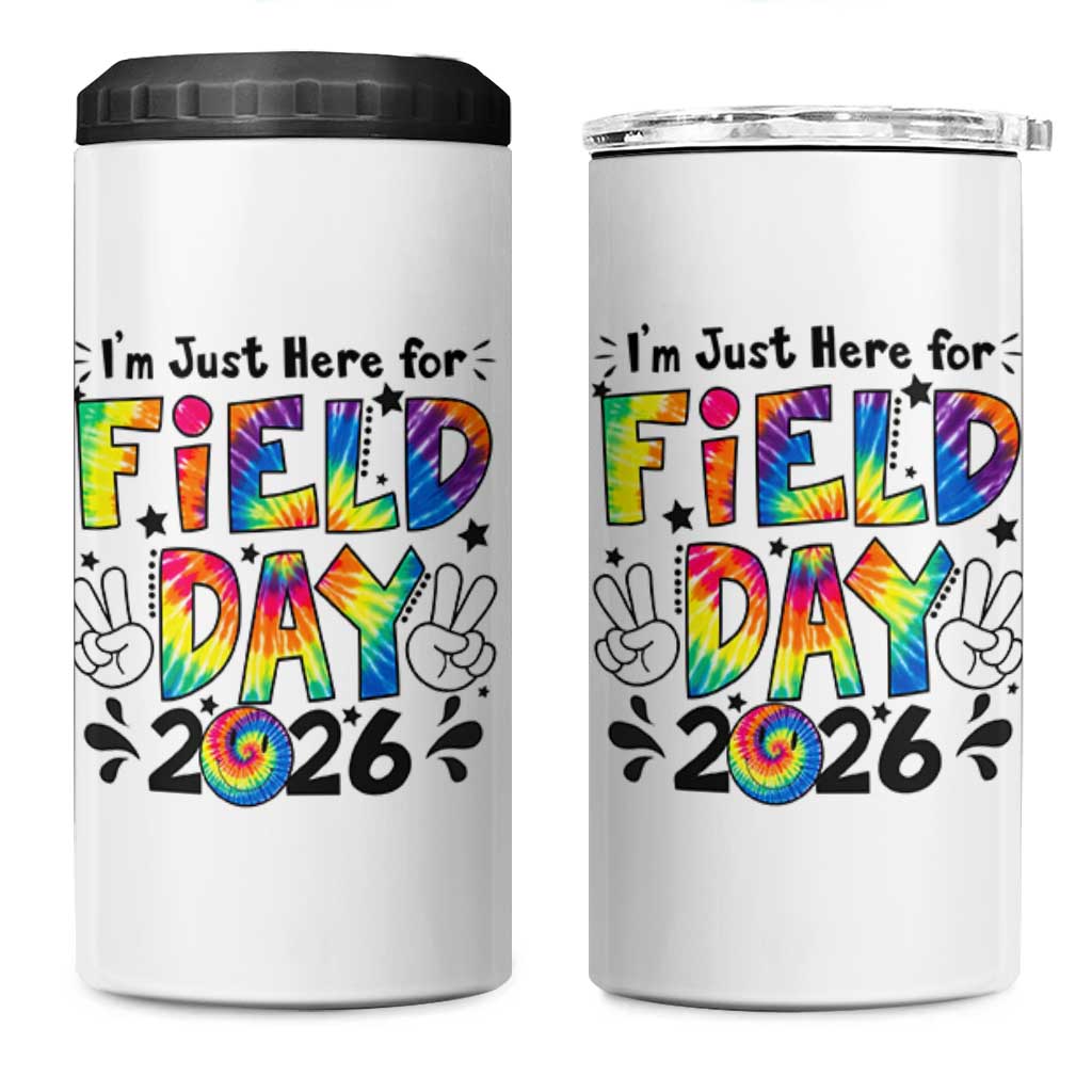 I'm Just Here for Field Day 2026 4 in 1 Can Cooler Tumbler Groovy School Retro Tie Dye Effect Printing