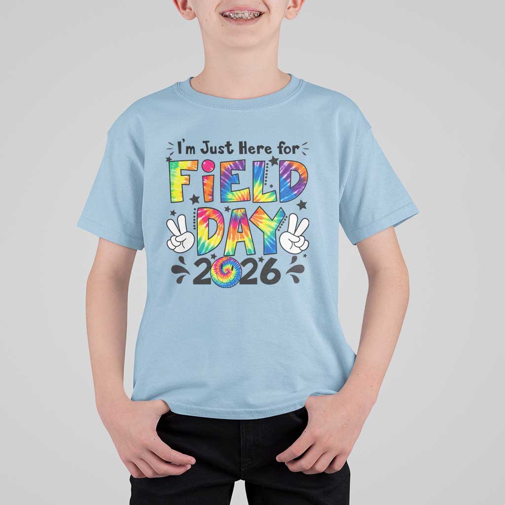 I'm Just Here for Field Day 2026 T Shirt For Kid Groovy School Retro Tie Dye Effect Printing