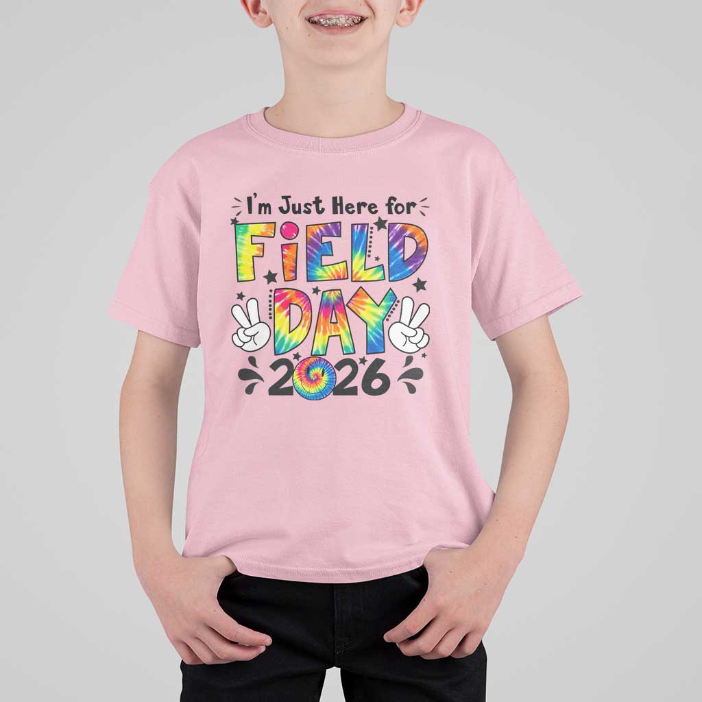 I'm Just Here for Field Day 2026 T Shirt For Kid Groovy School Retro Tie Dye Effect Printing