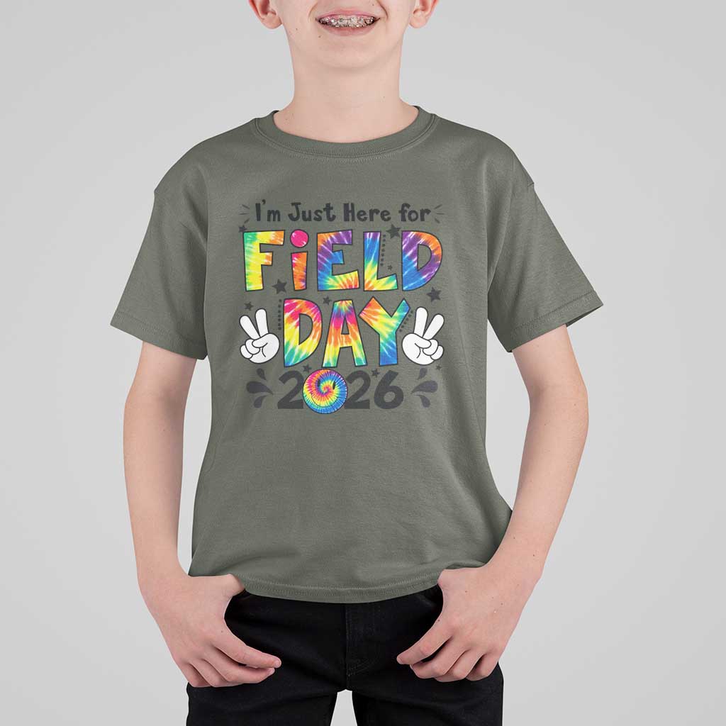 I'm Just Here for Field Day 2026 T Shirt For Kid Groovy School Retro Tie Dye Effect Printing