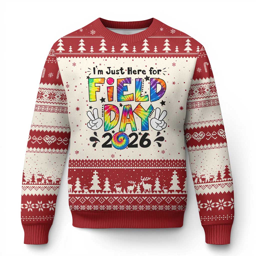 I'm Just Here for Field Day 2026 Ugly Christmas Sweater Groovy School Retro Tie Dye Effect Printing