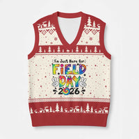 I'm Just Here for Field Day 2026 V-Neck Knit Sweater Vest Groovy School Retro Tie Dye Effect Printing