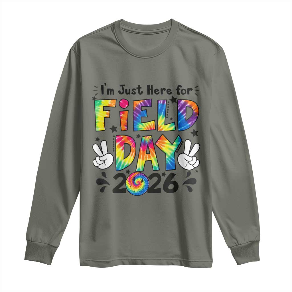 I'm Just Here for Field Day 2026 Long Sleeve Shirt Groovy School Retro Tie Dye Effect Printing