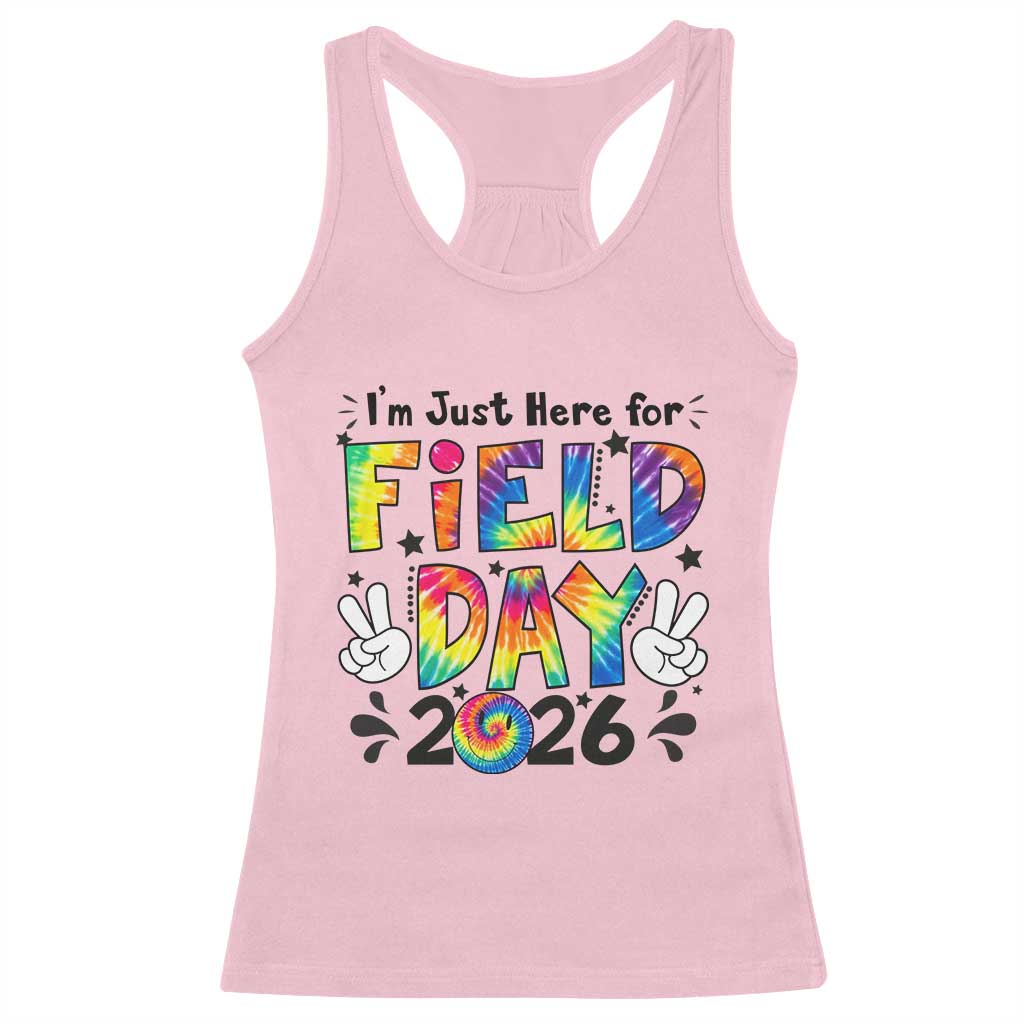 I'm Just Here for Field Day 2026 Racerback Tank Top Groovy School Retro Tie Dye Effect Printing