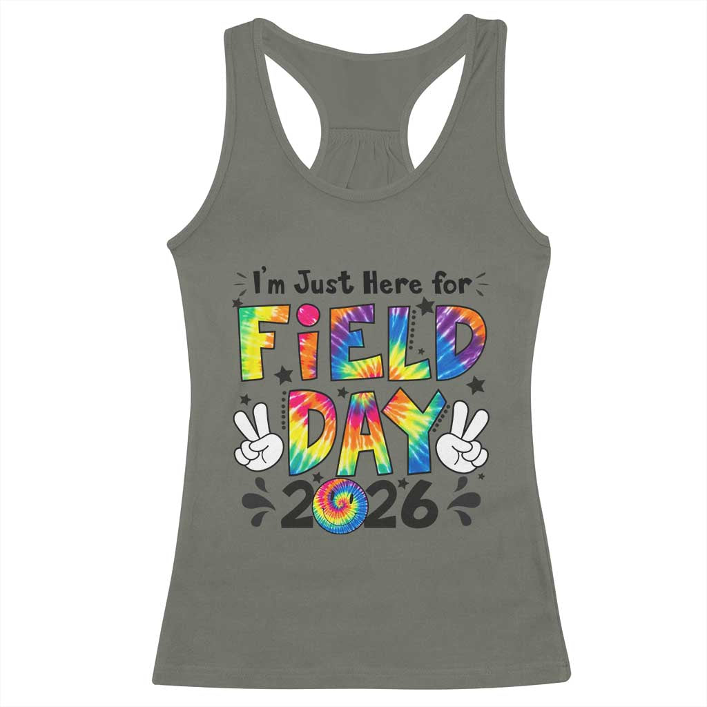 I'm Just Here for Field Day 2026 Racerback Tank Top Groovy School Retro Tie Dye Effect Printing
