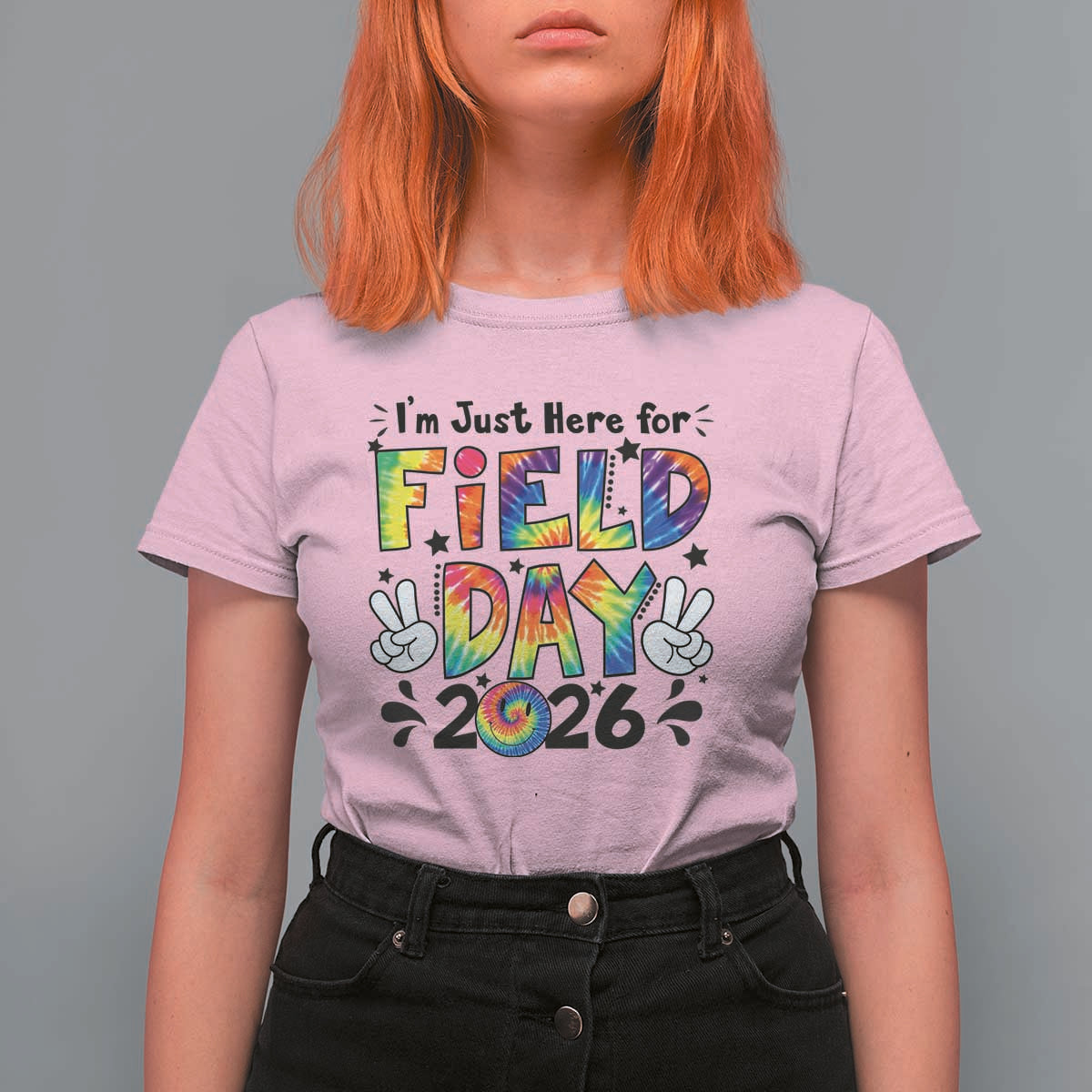 I'm Just Here for Field Day 2026 T Shirt For Women Groovy School Retro Tie Dye Effect Printing
