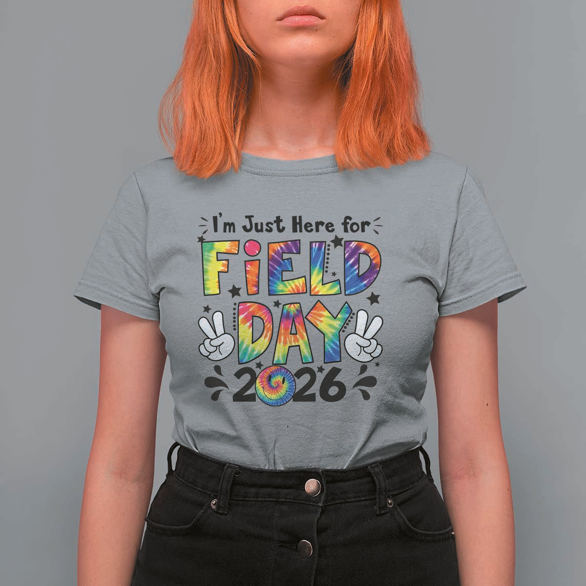 I'm Just Here for Field Day 2026 T Shirt For Women Groovy School Retro Tie Dye Effect Printing