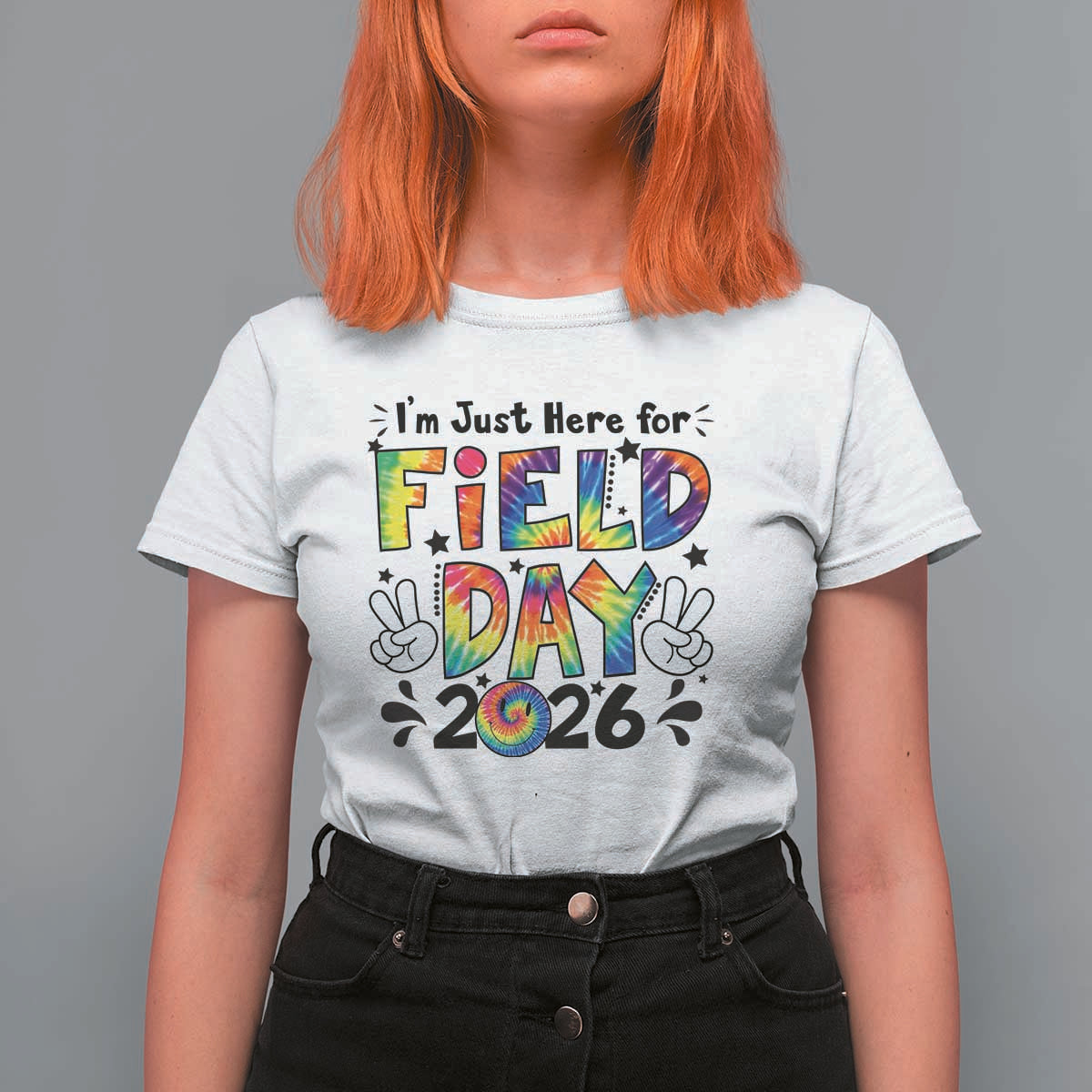 I'm Just Here for Field Day 2026 T Shirt For Women Groovy School Retro Tie Dye Effect Printing