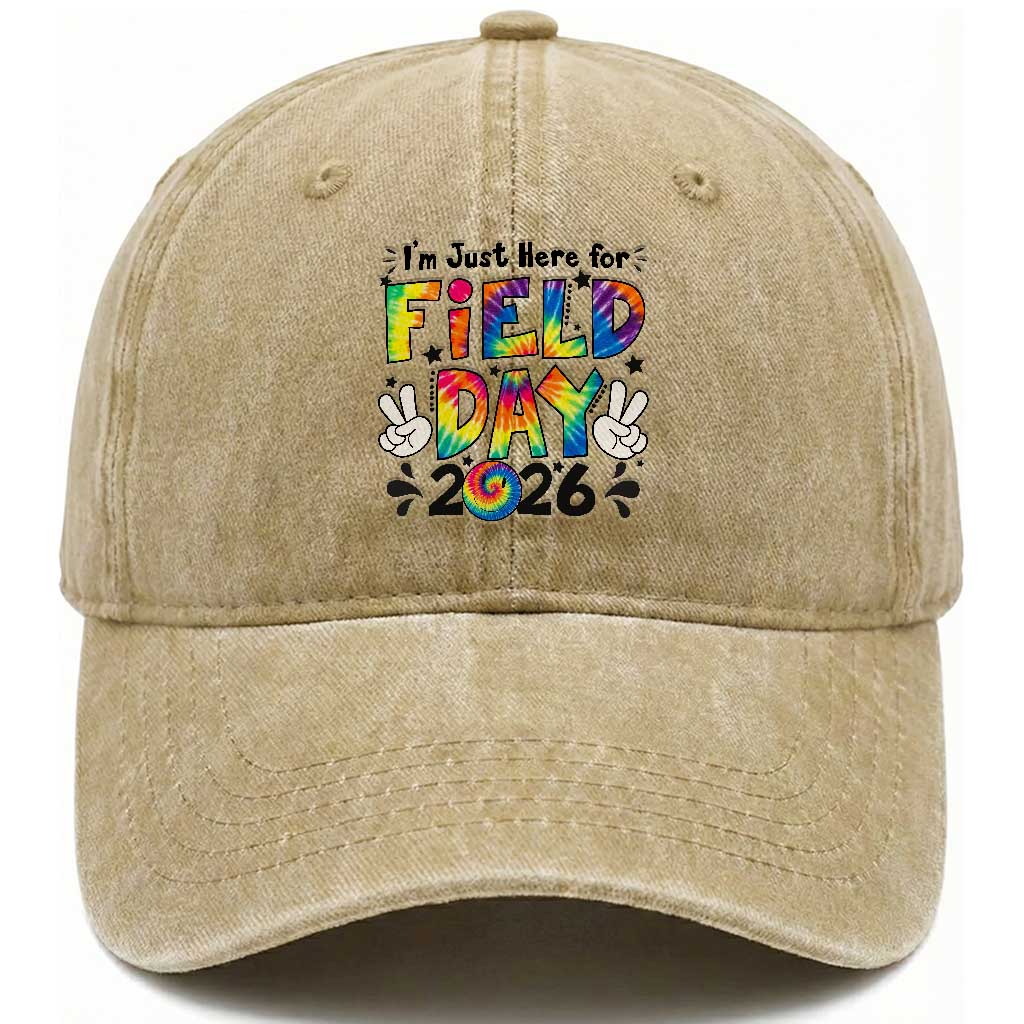 I'm Just Here for Field Day 2026 Washed Cotton Baseball Cap Groovy School Retro Tie Dye Effect Printing