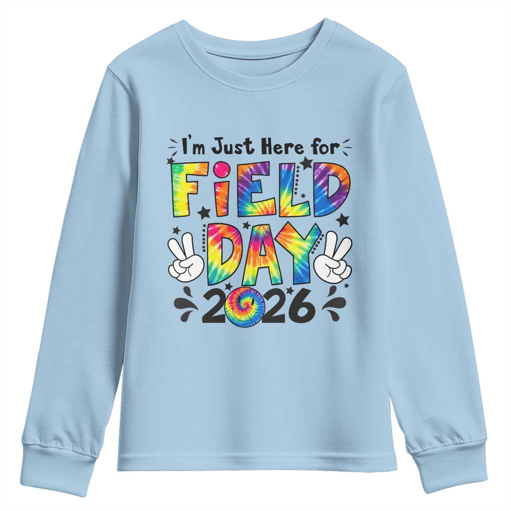 I'm Just Here for Field Day 2026 Youth Sweatshirt Groovy School Retro Tie Dye Effect Printing
