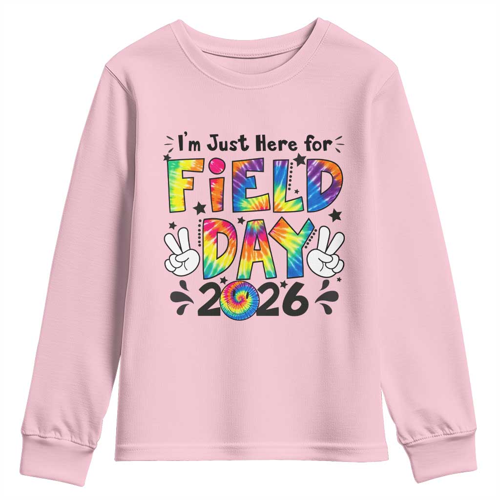 I'm Just Here for Field Day 2026 Youth Sweatshirt Groovy School Retro Tie Dye Effect Printing