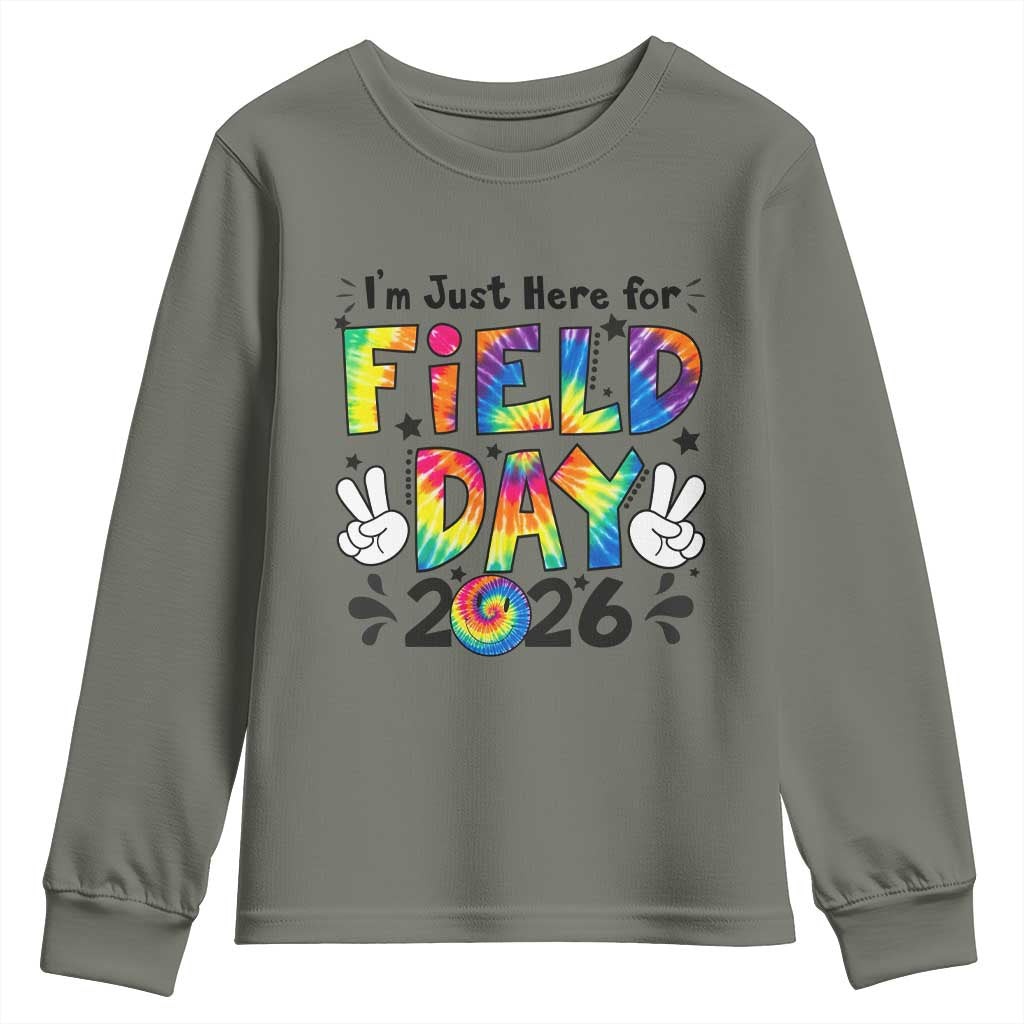 I'm Just Here for Field Day 2026 Youth Sweatshirt Groovy School Retro Tie Dye Effect Printing