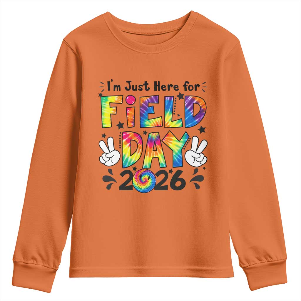 I'm Just Here for Field Day 2026 Youth Sweatshirt Groovy School Retro Tie Dye Effect Printing