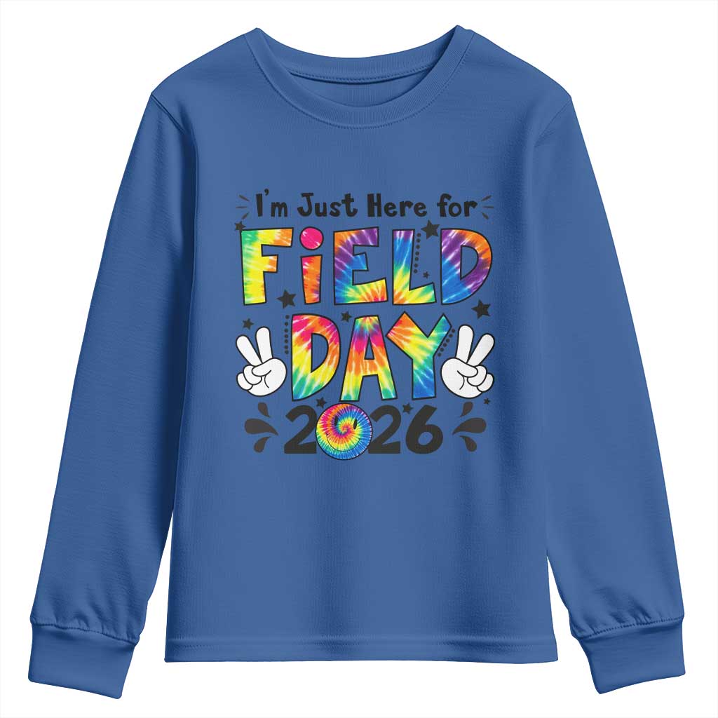 I'm Just Here for Field Day 2026 Youth Sweatshirt Groovy School Retro Tie Dye Effect Printing