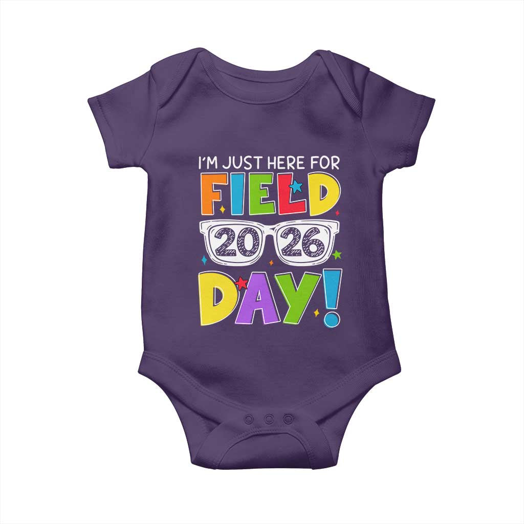 I'm Just Here for Field Day 2026 Baby Onesie School Colorful Sunglasses Graphic