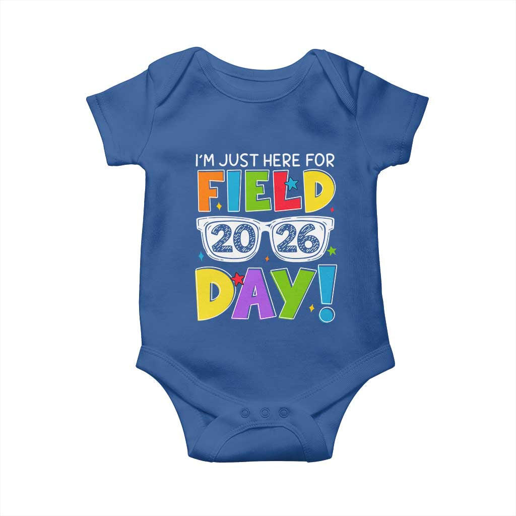 I'm Just Here for Field Day 2026 Baby Onesie School Colorful Sunglasses Graphic