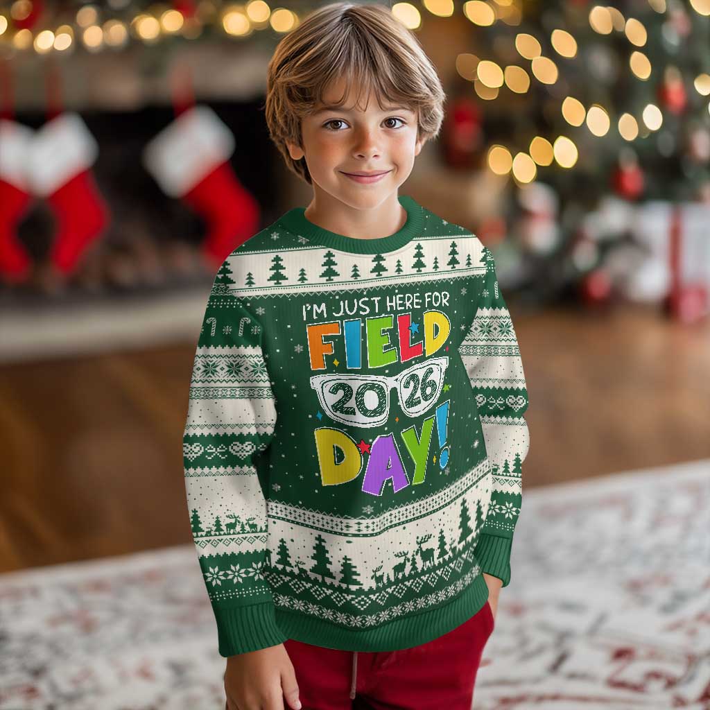 I'm Just Here for Field Day 2026 Ugly Christmas Sweater School Colorful Sunglasses Graphic