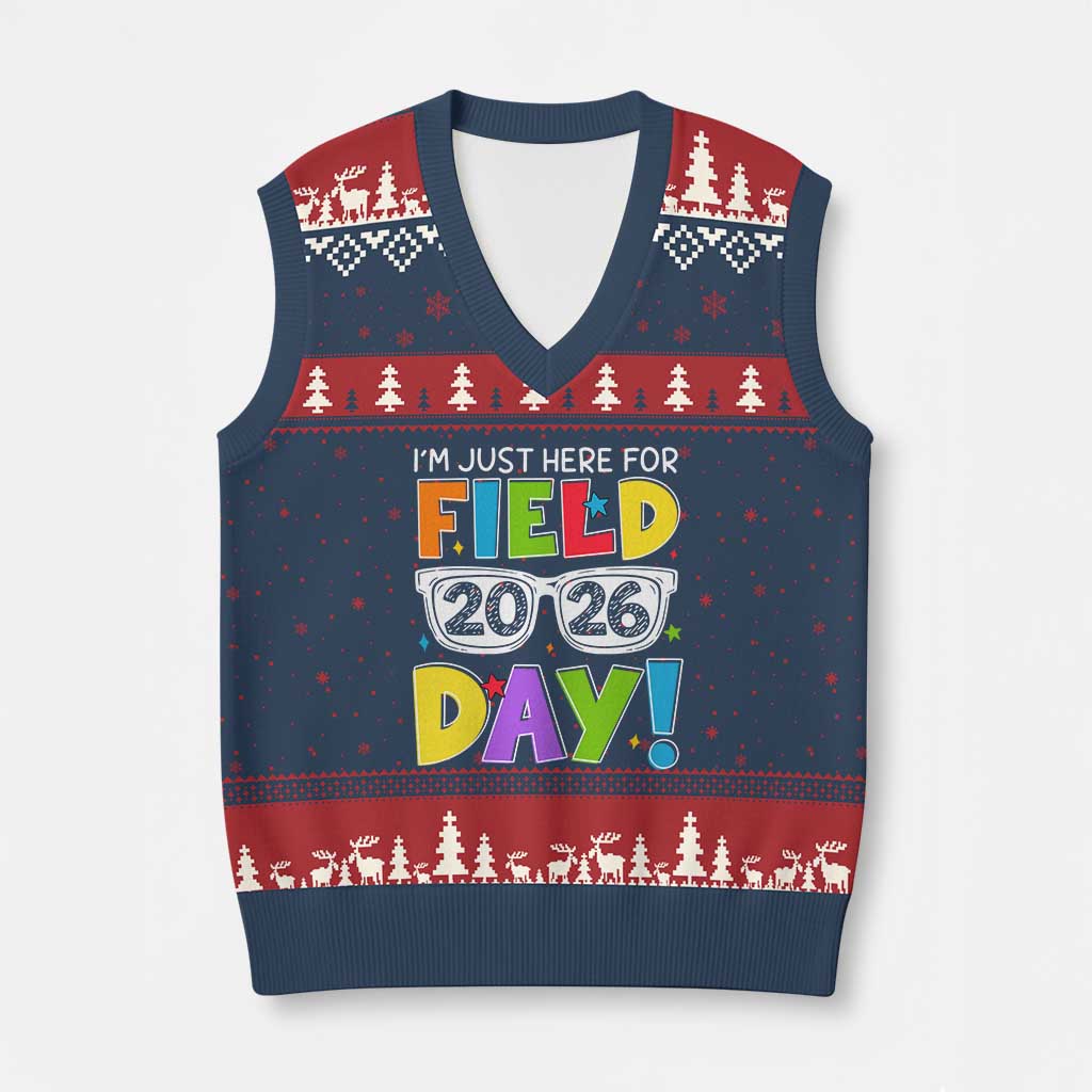 I'm Just Here for Field Day 2026 V-Neck Knit Sweater Vest School Colorful Sunglasses Graphic