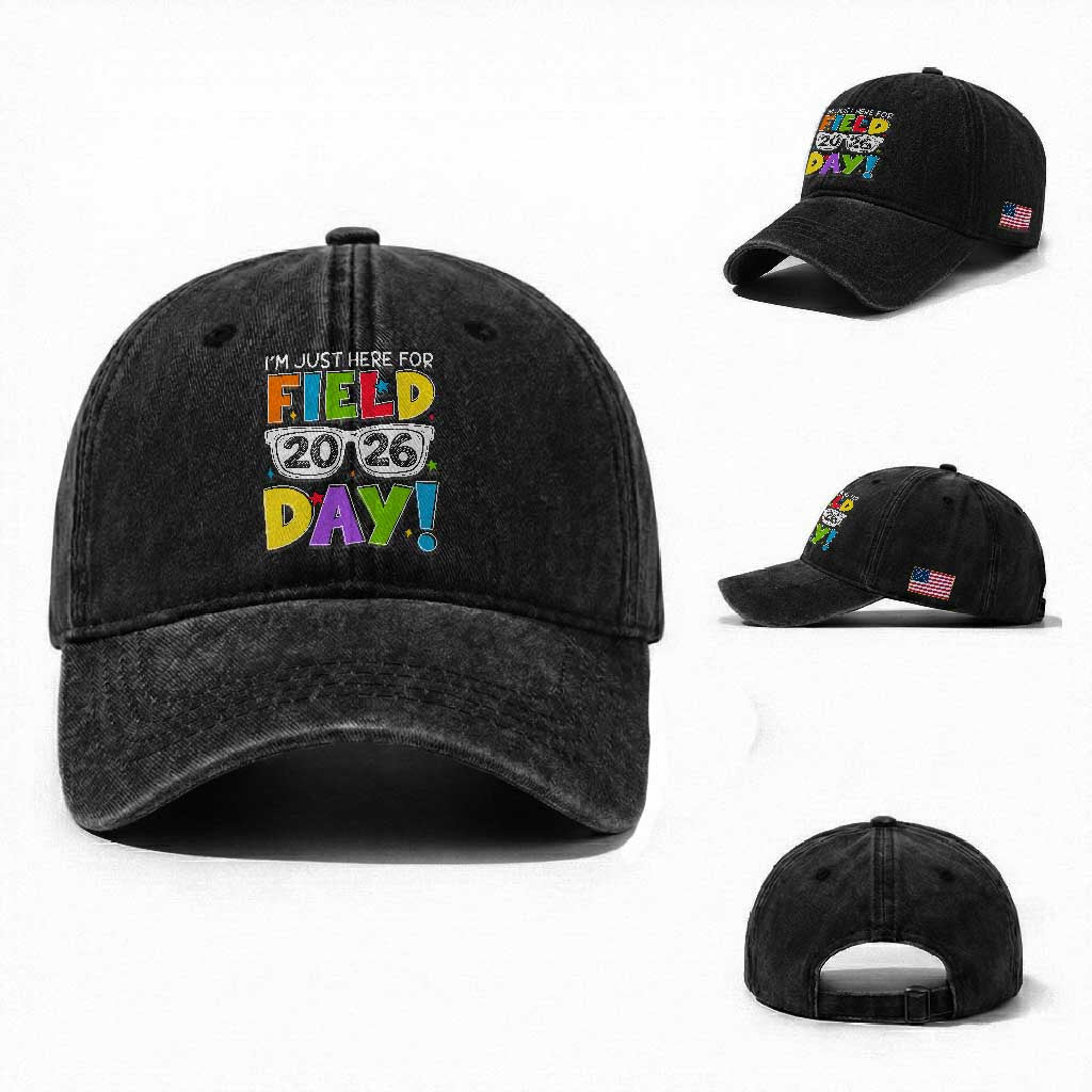I'm Just Here for Field Day 2026 Washed Cotton Baseball Cap School Colorful Sunglasses Graphic