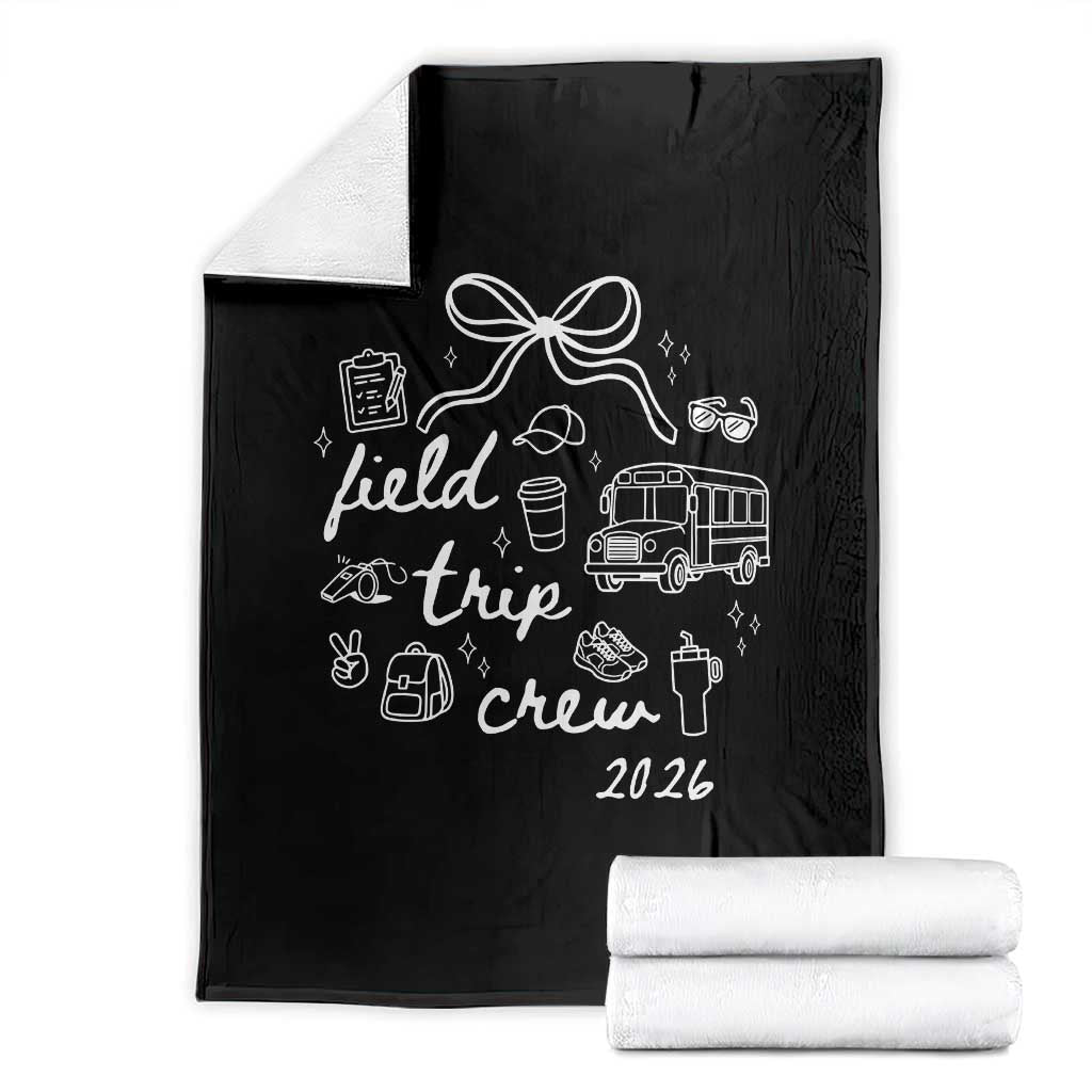 Field Trip Crew 2026 Coquette Bow Throw Blanket Hand Drawn Doodle Graphic Teacher Chaperone