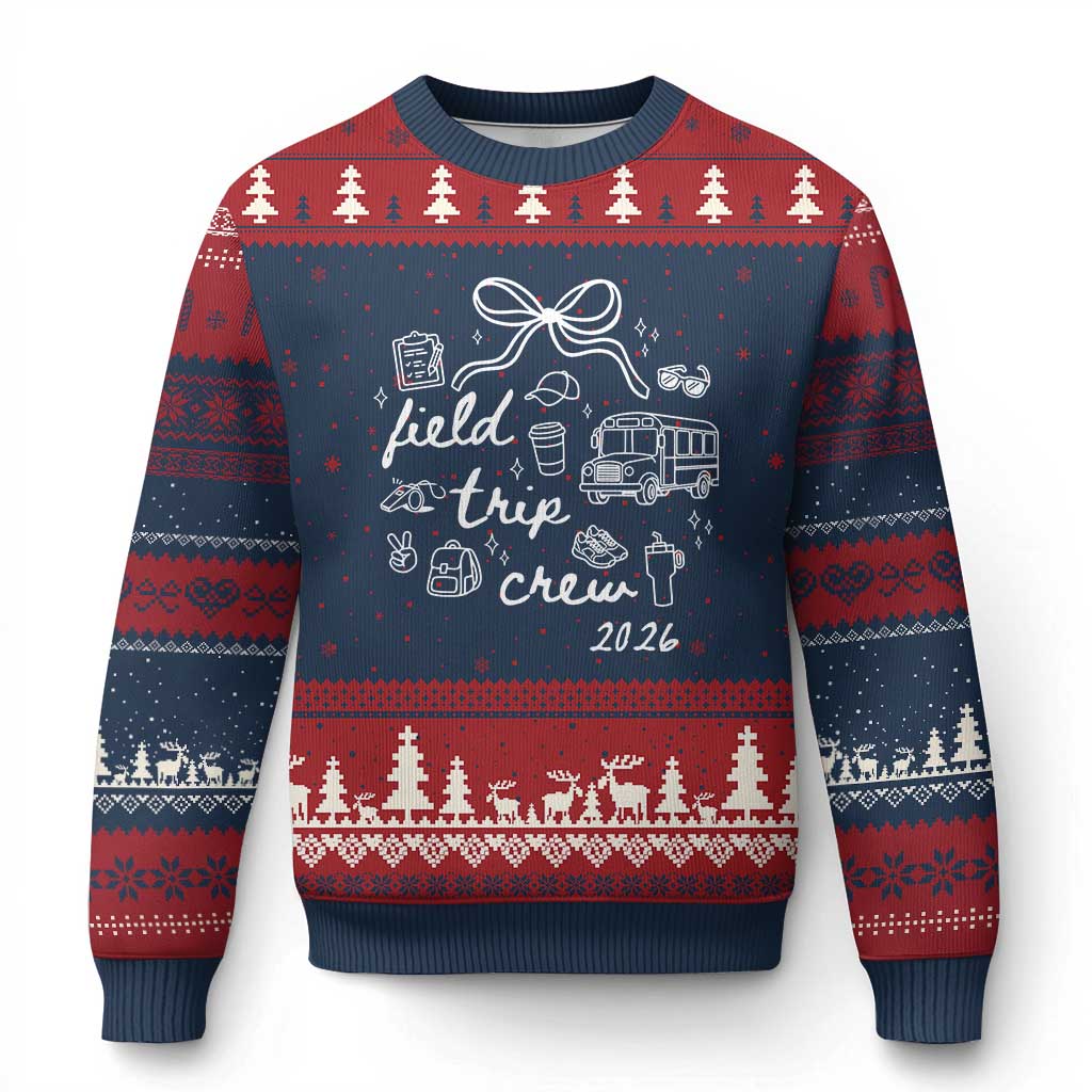 Field Trip Crew 2026 Coquette Bow Ugly Christmas Sweater Hand Drawn Doodle Graphic Teacher Chaperone