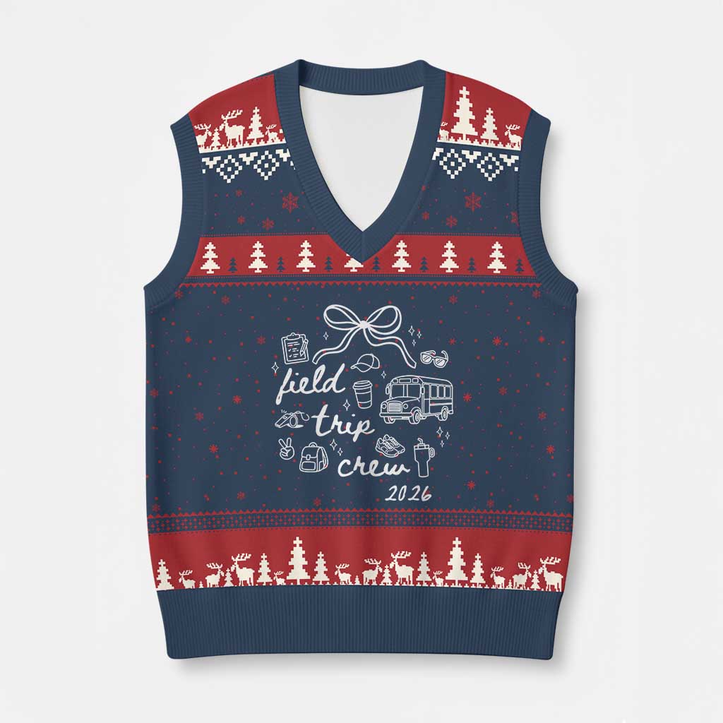 Field Trip Crew 2026 Coquette Bow V-Neck Knit Sweater Vest Hand Drawn Doodle Graphic Teacher Chaperone