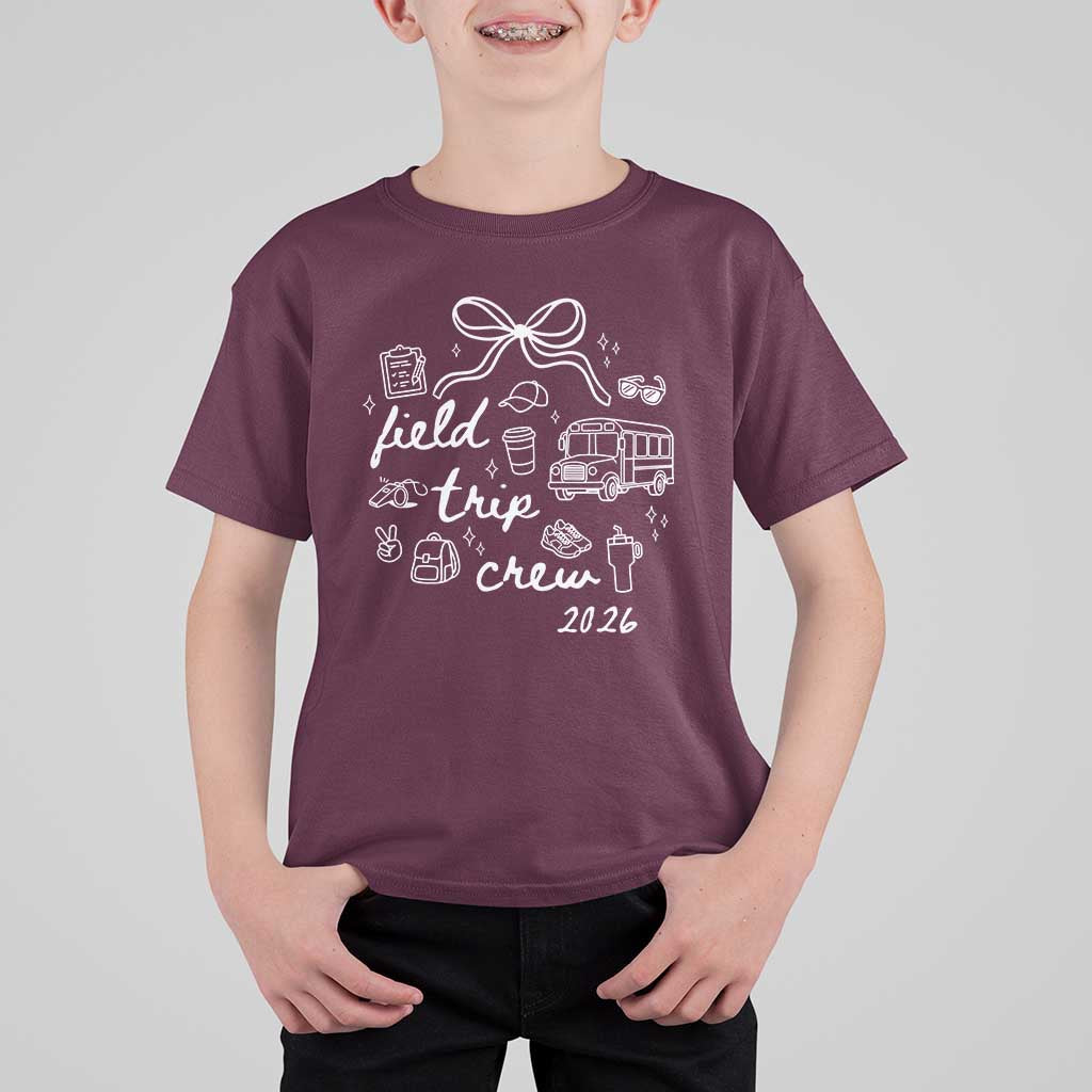Field Trip Crew 2026 Coquette Bow T Shirt For Kid Hand Drawn Doodle Graphic Teacher Chaperone