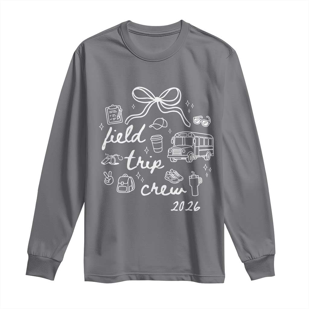 Field Trip Crew 2026 Coquette Bow Long Sleeve Shirt Hand Drawn Doodle Graphic Teacher Chaperone