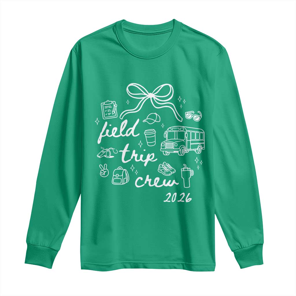 Field Trip Crew 2026 Coquette Bow Long Sleeve Shirt Hand Drawn Doodle Graphic Teacher Chaperone