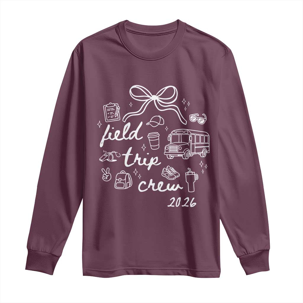 Field Trip Crew 2026 Coquette Bow Long Sleeve Shirt Hand Drawn Doodle Graphic Teacher Chaperone