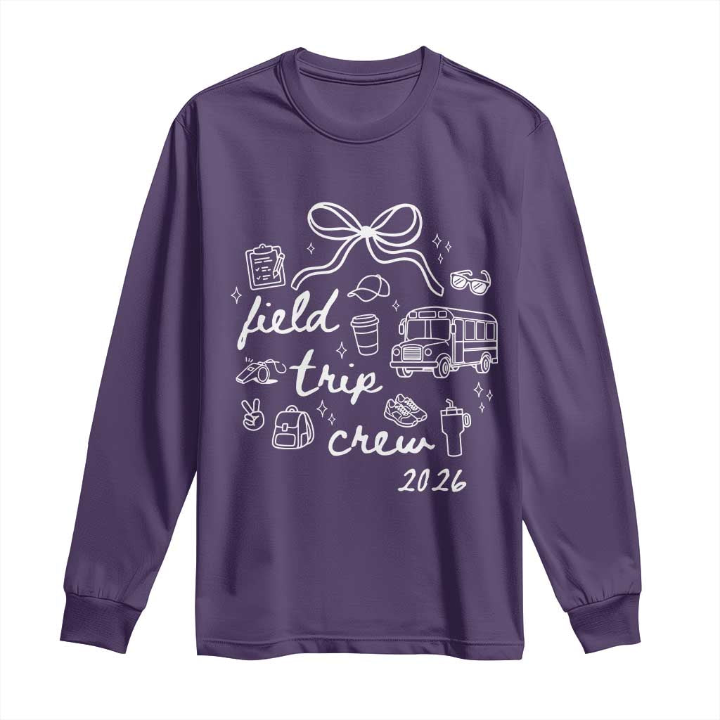 Field Trip Crew 2026 Coquette Bow Long Sleeve Shirt Hand Drawn Doodle Graphic Teacher Chaperone