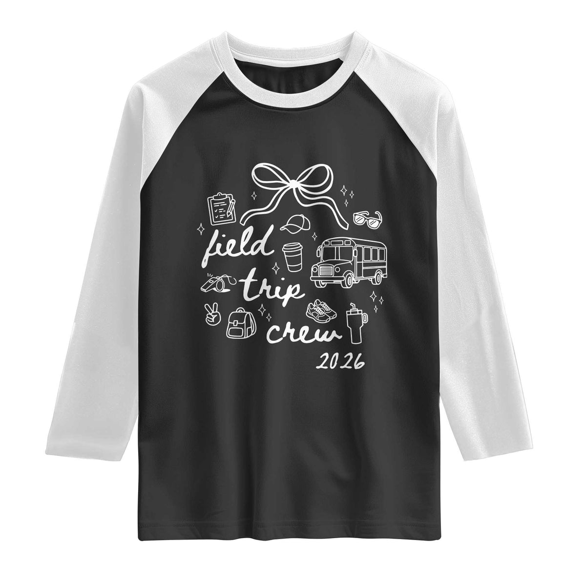 Field Trip Crew 2026 Coquette Bow Raglan Shirt Hand Drawn Doodle Graphic Teacher Chaperone