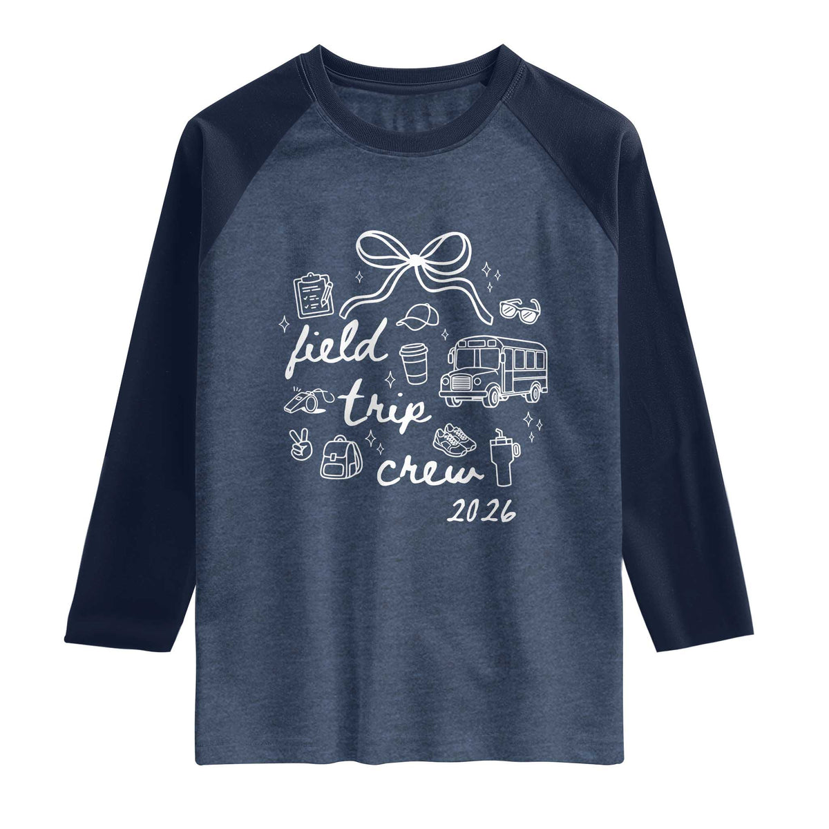 Field Trip Crew 2026 Coquette Bow Raglan Shirt Hand Drawn Doodle Graphic Teacher Chaperone