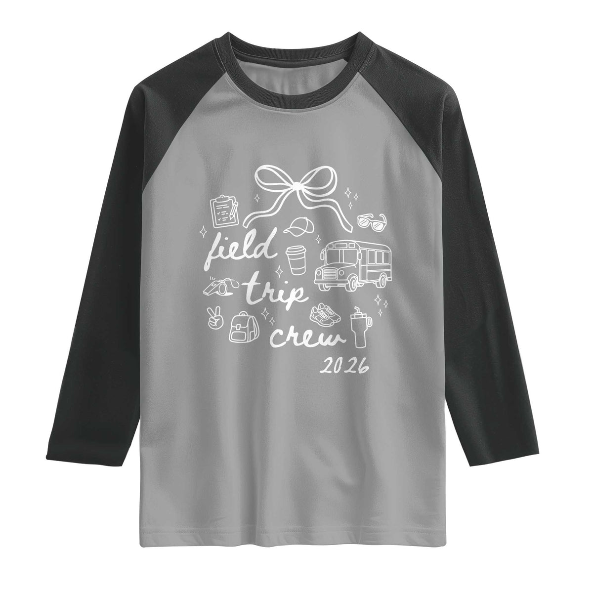 Field Trip Crew 2026 Coquette Bow Raglan Shirt Hand Drawn Doodle Graphic Teacher Chaperone