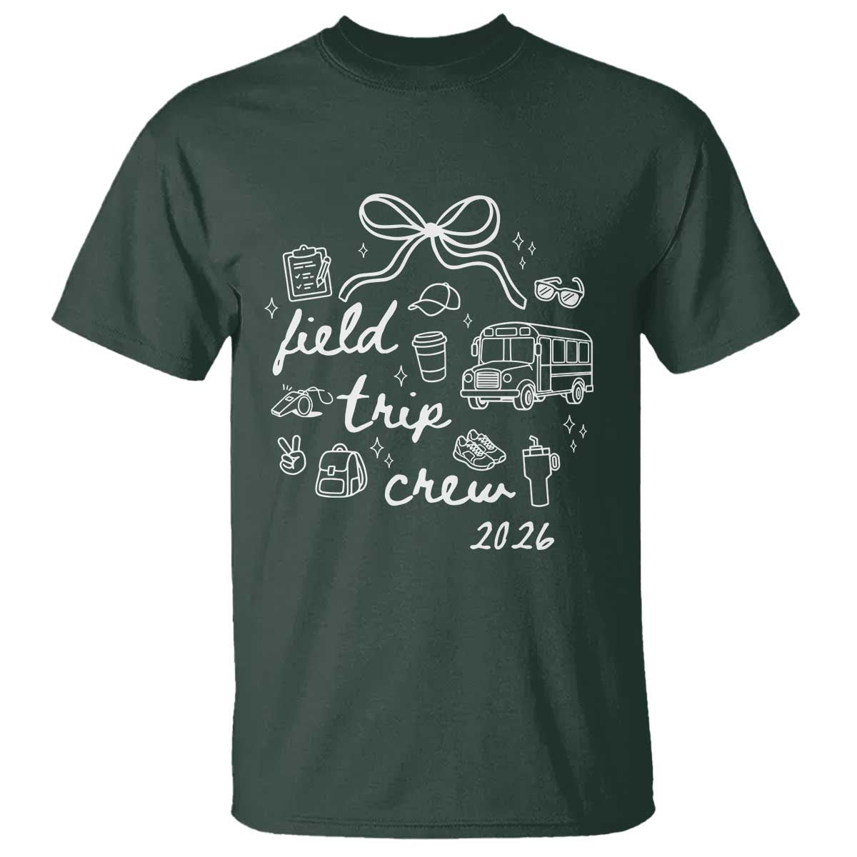 Field Trip Crew 2026 Coquette Bow T Shirt Hand Drawn Doodle Graphic Teacher Chaperone