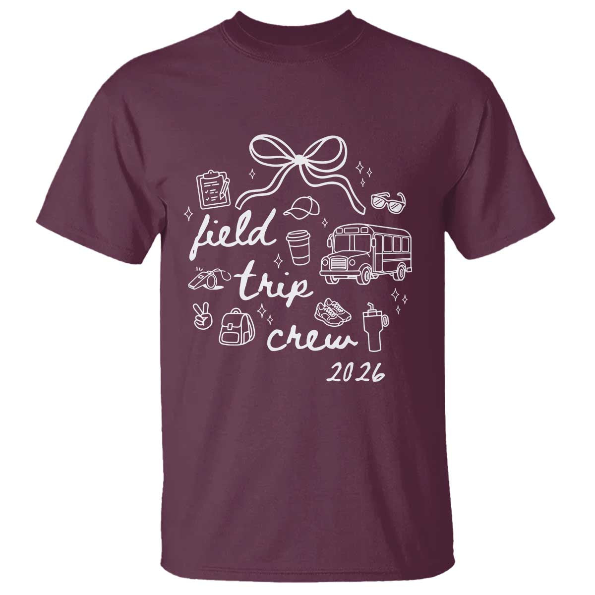 Field Trip Crew 2026 Coquette Bow T Shirt Hand Drawn Doodle Graphic Teacher Chaperone