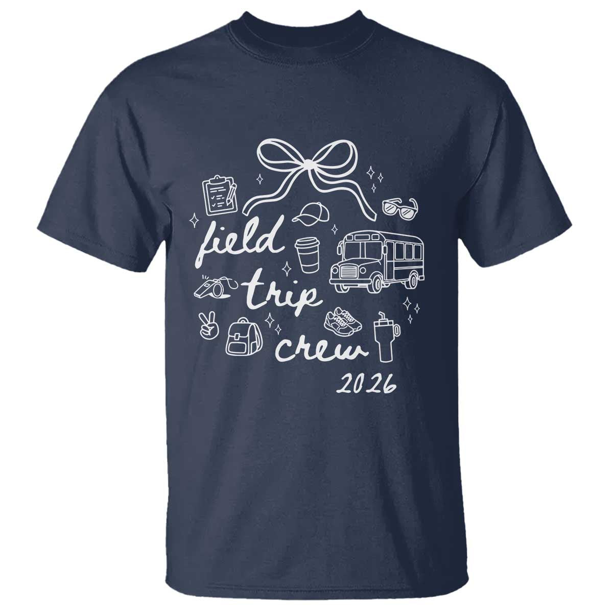 Field Trip Crew 2026 Coquette Bow T Shirt Hand Drawn Doodle Graphic Teacher Chaperone