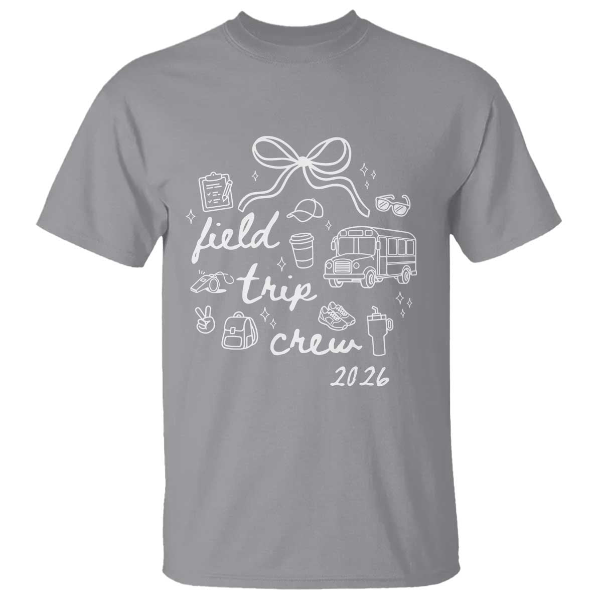 Field Trip Crew 2026 Coquette Bow T Shirt Hand Drawn Doodle Graphic Teacher Chaperone